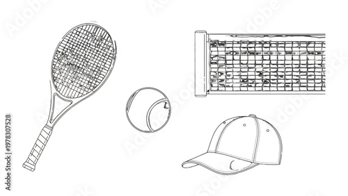 Tennis Essentials: An illustrative depiction of the fundamental elements of a tennis match, featuring a racket, ball, net, and cap, capturing the essence of the game.