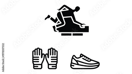 Pinball game items: Illustrated collection of pinball game and its gears: A simplified graphic set capturing the essence of the classic pinball experience, featuring player icon, gloves and shoe.