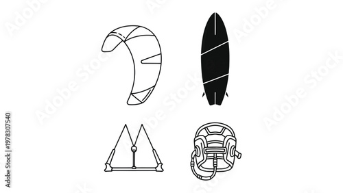Essential Surf Gear: A minimalist illustration showcases the core equipment for surfing, representing the gear. including a surfboard, kite, life vest, and helmet, perfect for any enthusiast.