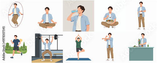 Modern Flat Style Healthy Lifestyle Man Illustration Set