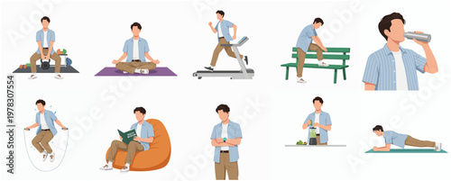 Set of Flat Illustration Young Adult Man Doing Daily Activities Lifestyle