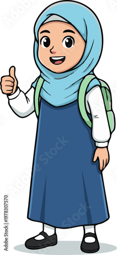 Young Muslim Girl Student Giving Thumbs Up for Education Success and Approval