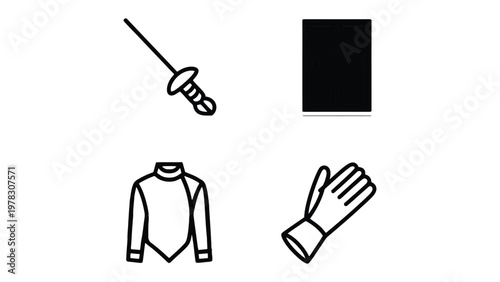 Fencing Gear: A minimalist composition showcasing essential fencing equipment: a sharp épée, protective glove, fencing jacket and a sleek black backdrop, symbols of this elegant sport.