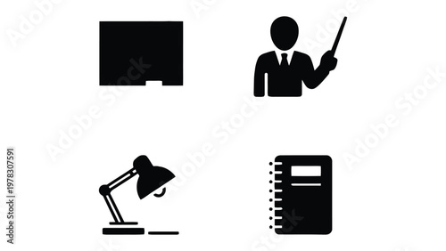 Teaching Aids: An illustration showcasing essential teaching aids. The image includes a blackboard, a teacher with a pointer, a desk lamp, and a notepad.