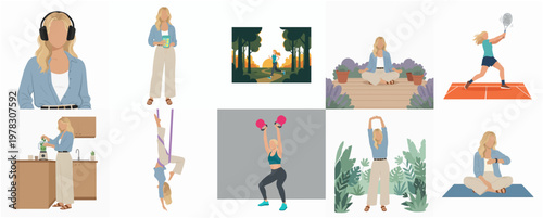 Flat Style Diverse Lifestyle Activities of Blonde Woman Illustration Set