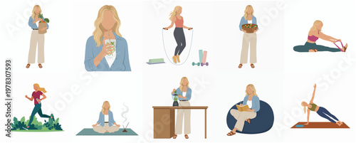Flat Illustration Various Lifestyle Activities of Faceless Woman for Microstock Asset