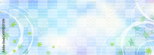 涼しげな水面の波紋と青紅葉　和風伝統模様背景イラスト