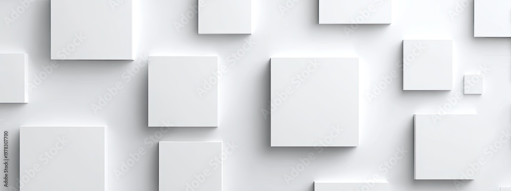 Obraz premium Abstract, minimalist white background featuring layered, raised squares. 3D effect. Clean, modern graphic