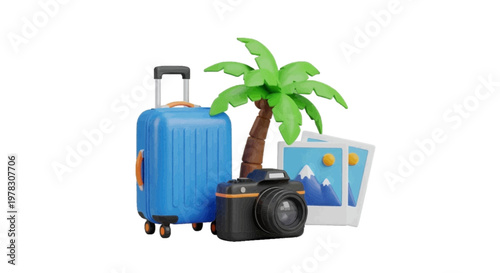 Vector illustration of 3d travel concept with blue suitcase, palm tree, camera and photo prints on a transparent background