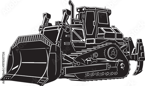 Bulldozer, heavy equipment, construction vehicle, industrial machine, black and white