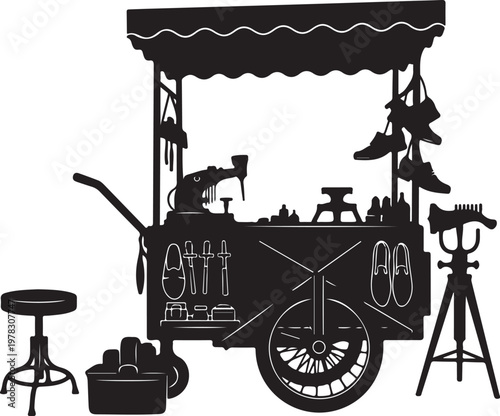 Black, vector food cart, street vendor, market stall, illustration