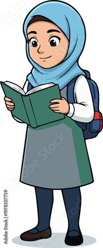 Young Muslim Girl Student Wearing a Blue Hijab Happily Reading an Educational Book for School Learning