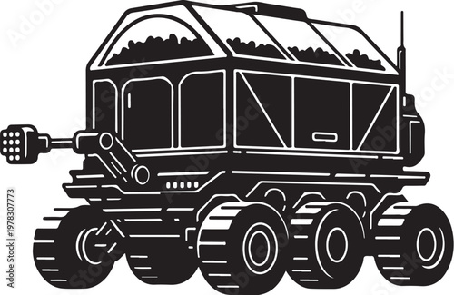 Black, monochrome, futuristic rover vehicle, space exploration transport, sci-fi concept