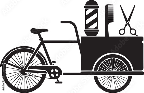 Black bicycle barber cart, mobile hair salon, vector illustration, barber shop on wheels, grooming equipment
