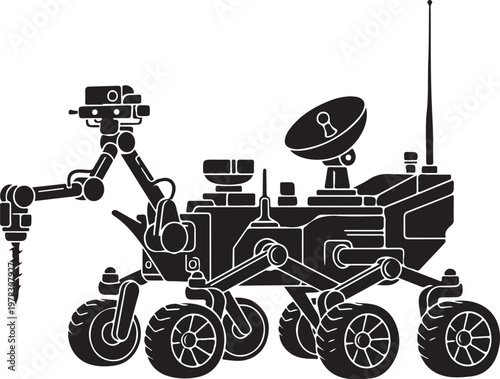 Robotic Mars Rover, Space Exploration Vehicle, Black and White Illustration, Vector Graphic