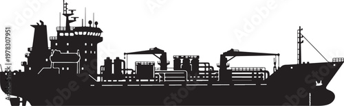 Cargo ship, tanker silhouette, black industrial vessel, freight boat icon