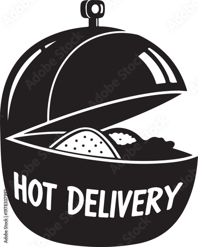 Food delivery icon, hot food cloche, restaurant serving dish, black vector graphic
