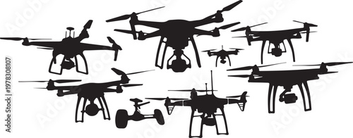 Drone silhouettes, black drones, flying robots, aerial vehicles, vector icons