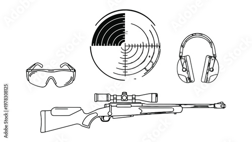  Precision Tools: An organized collection of essential equipment, featuring a rifle, protective glasses, noise-canceling earmuffs, and a bullseye target, ready for optimal performance.
