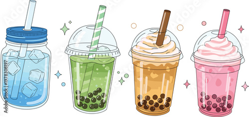 Colorful bubble tea and iced drinks vector illustration featuring boba milk tea cups and refreshing beverages in cute hand drawn style isolated background
