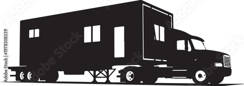 Black truck, cargo trailer, moving truck, silhouette, vector illustration