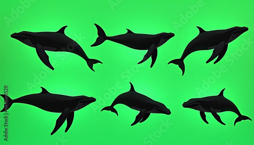Marine Whale Icon Pack Stylized Silhouette Green Screen Vector Set
