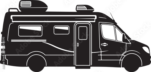Motorhome, camper van, RV icon, black silhouette, white outline