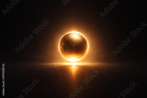 Golden glowing sphere on dark background, minimal abstract design, wide banner with copy space.