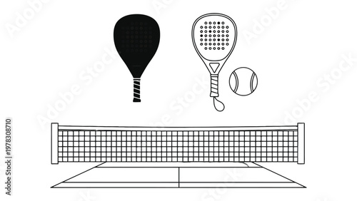 Paddle Sports Gear Illustration: A stylized illustration showcases essential padel equipment, including a paddle, tennis ball, net, and the court itself, all rendered in a clean, minimalist style.