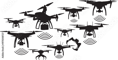 Drone, drones, quadcopter, quadcopters, flying robots, UAV, unmanned aerial vehicles, black icons
