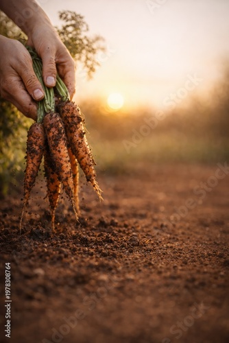 Close up of fresh carrots pulled from soil, organic farming and natural food concept, vertical composition.
