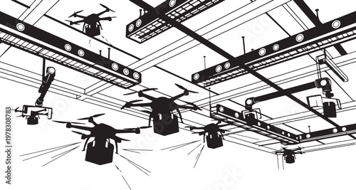 Black helicopter icons, flying drones, ceiling stage lights, vector graphics