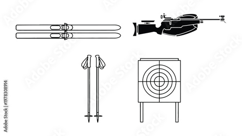 Biathlon Gear Iconography: A collection of essential biathlon equipment icons, including skis, a rifle, poles, and a target, representing the gear necessary for this exciting winter sport.