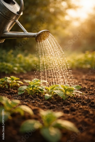Watering young plants in soil with sunlight, eco agriculture and sustainable growth concept, vertical composition.
