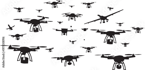 Drone, drones, flying, black, icons, set, 25 drone illustrations, aerial, vehicles