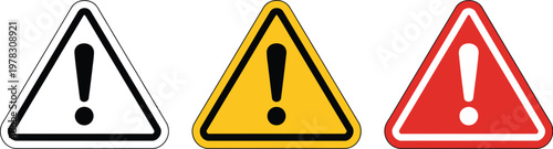 Caution alarm icon set, danger sign collection with yellow red and black exclamation mark symbols for warning attention hazard alerts and safety message design.