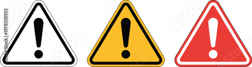 Caution alarm icon set, danger sign collection with yellow red and black exclamation mark symbols for warning attention hazard alerts and safety message design.