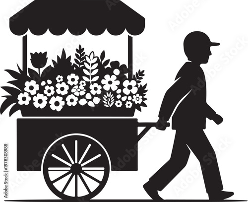 Black silhouette flower vendor, man pushing cart, floral stand, gardening illustration