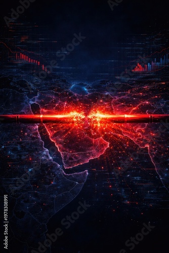 Global energy shock visualized as red fracture across world map, geopolitical tension and economic crisis concept.