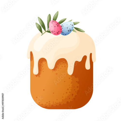 Orthodox Easter cake with icing, quail eggs, and green leaves. Vector illustration. Traditional holiday dessert symbol for bakery branding, holiday menus, food packaging, seasonal advertising, and ret