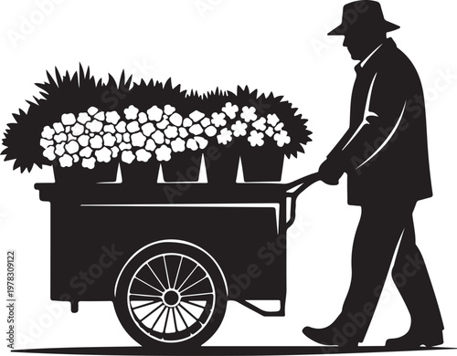 Black silhouette flower vendor, man pushing cart, floral illustration, gardening, plants