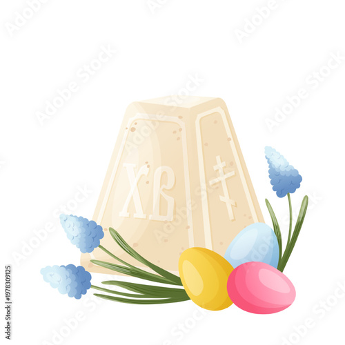 Orthodox Easter cottage cheese dessert Paskha with colored eggs and blue spring flowers. Traditional Christian holiday food for church publications, seasonal promotions, festive menus