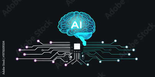 Artificial intelligence concept a glowing brain connected to circuit lines