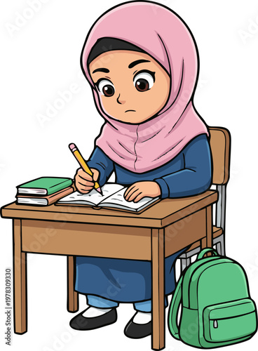 Young Muslim Girl Wearing Hijab Diligently Studying at a School Desk with Books and a Backpack