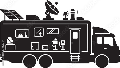 Black, vector RV, recreational vehicle, solar powered, satellite dish, monochrome