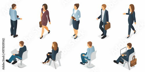 Isometric illustration of diverse professionals in various work scenarios