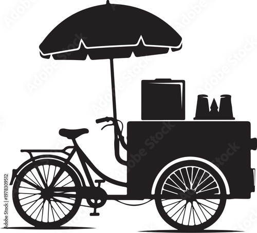 Black, vector food cart, bicycle vendor, umbrella icon, illustration