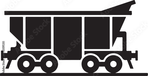 Black train cart, industrial rail vehicle, transportation icon, silhouette graphic