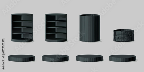 Black cylindrical shelving units and circular bases in a minimalist design