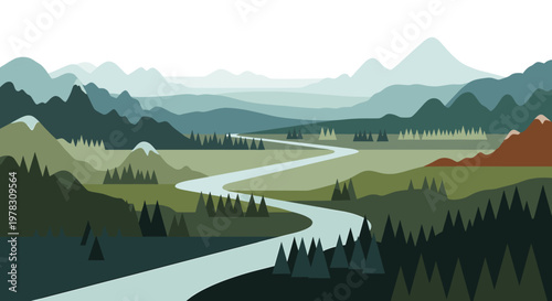 Serene mountain vista illustration evokes calm, peace, and tranquility. Ideal for backgrounds, websites, or marketing materials seeking a natural, sop